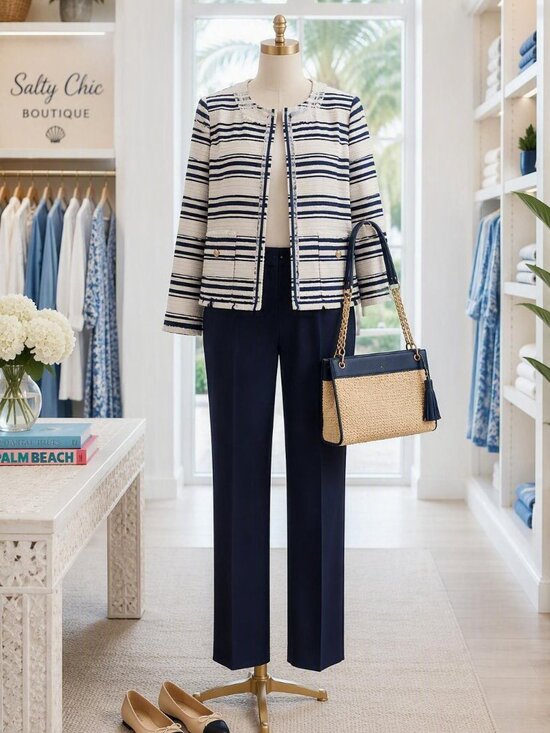 Karl Lagerfeld Jackets & Blazers - Karl Lagerfeld Navy and White Striped Tweed Blazer